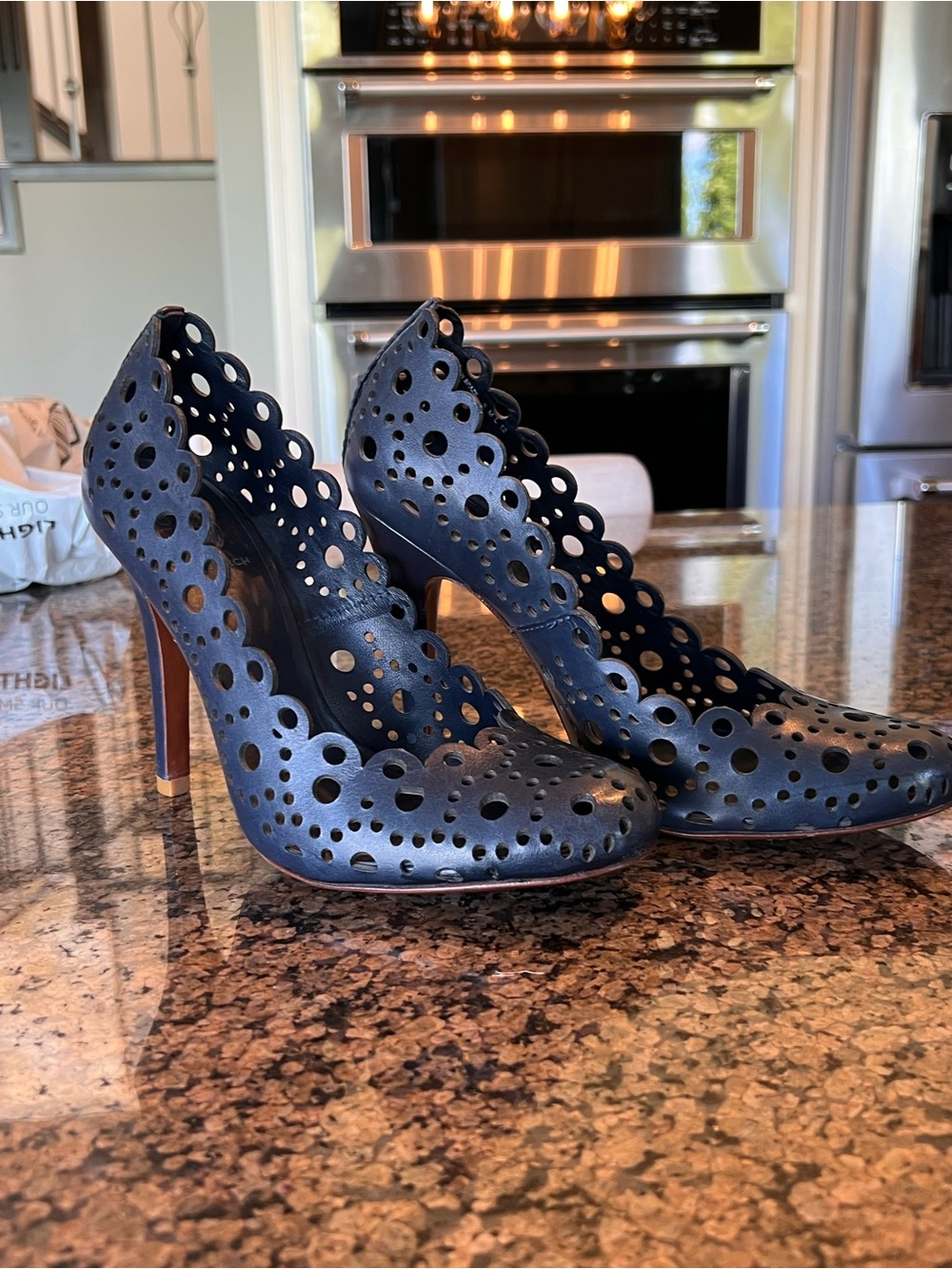 Tory Burch Navy Laser-Cut Scalloped High Heel Pumps